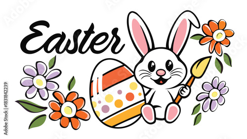 Cute cartoon easter bunny holding a paintbrush next to a decorated easter egg surrounded by colorful flowers and leaves with the word easter above