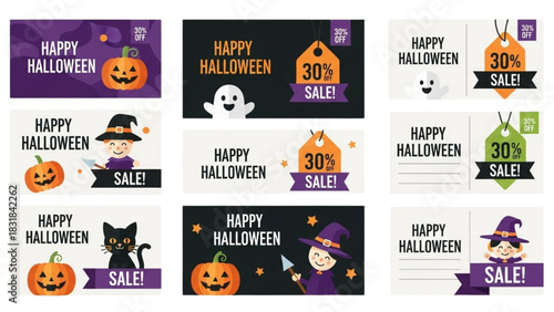 Creative Collection of Halloween Holiday Sale Banners with Cute Cartoon Characters