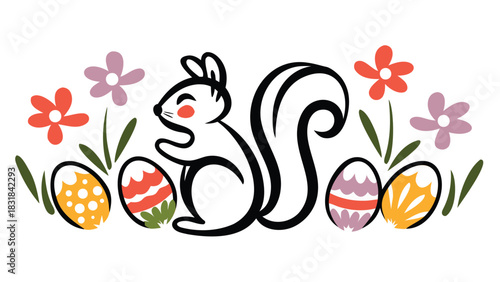 Cute cartoon squirrel with colorful decorated easter eggs and flowers in a whimsical spring garden illustration