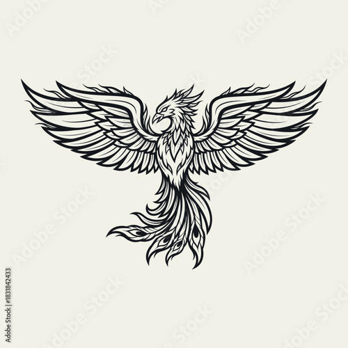Majestic phoenix illustration with spread wings, a powerful symbol of rebirth and resilience in a vintage tattoo style
