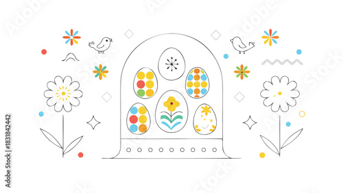 Whimsical easter illustration featuring colorful patterned eggs inside a glass dome surrounded by playful birds flowers and decorative elements on a white background