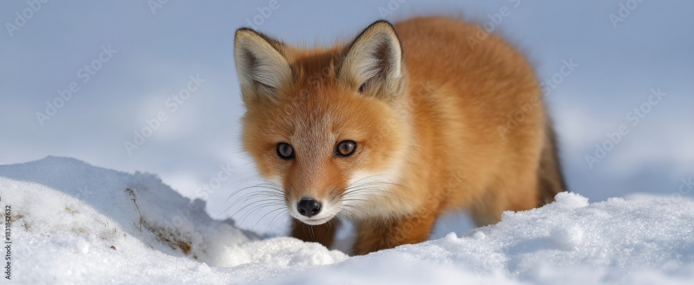 Obraz premium Fox kit dances like a tiny flame on the snowy white stage below.