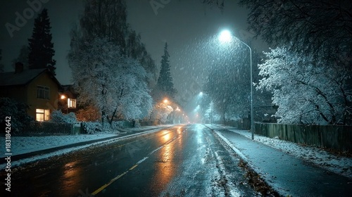 Winter silence descends on a street in Scandinavia on a snowy Christmas Eve