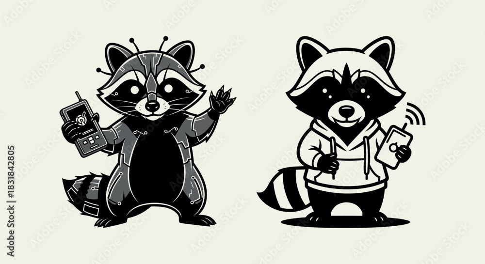 Fototapeta premium Whimsical Racoon Characters with Retro and Modern Tech Gadgets