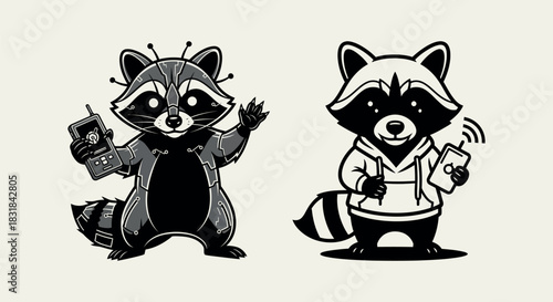 Whimsical Racoon Characters with Retro and Modern Tech Gadgets