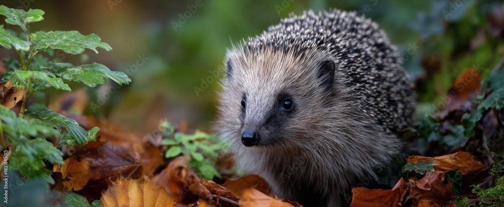 Fototapeta premium Hedgehog searching on a leafy woodland ground filled with fallen foliage and twigs