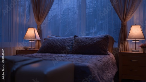 Cozy bedroom interior with lamps and soft bedding at night for relaxation