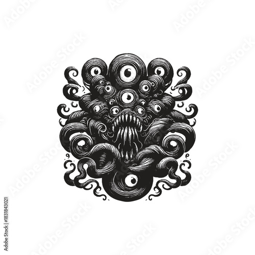 vector illustration of a horrifying cosmic monster surrealism features a mass of swirling tentacles, a menacing mouth full of sharp teeth, 