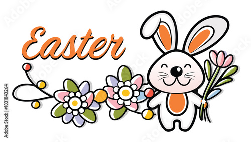 Cute cartoon easter bunny holding a bouquet of flowers with colorful blossoms and the word easter written in a playful font