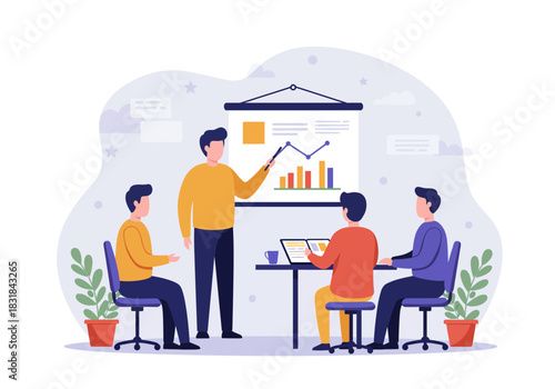 Business team presenting data analysis, colleagues collaborating, strategy meeting