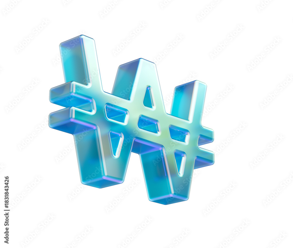 Obraz premium 3D Shiny iridescent Korean Won symbol in cool blue tones with soft glow and depth, 3D Illustration