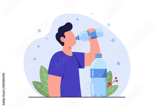 Man drinking water from plastic bottle, promoting healthy lifestyle, hydration