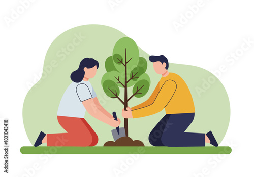 Man and woman planting a tree together, environmental conservation effort