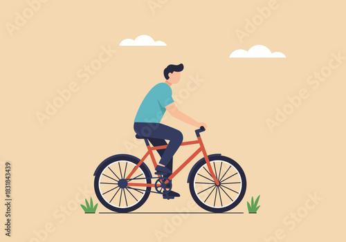 Man riding bicycle on a light background, with clouds and green grass