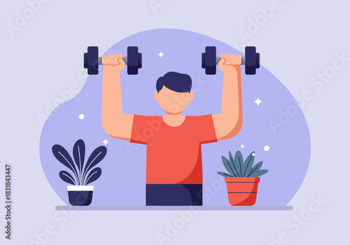 Man exercising with dumbbells, fitness training at home, healthy lifestyle