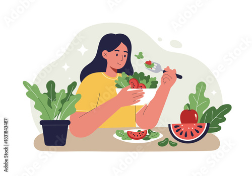 Smiling woman enjoying fresh healthy salad, promoting a balanced diet