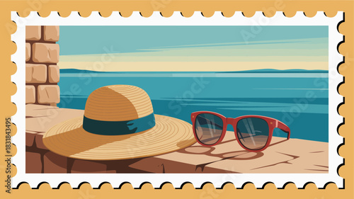 Summer vacation scene, straw hat and red sunglasses, serene ocean view