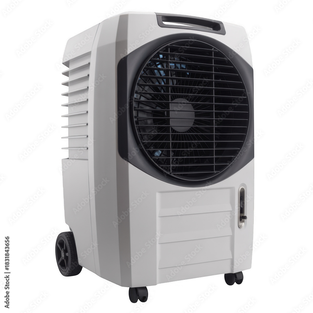 Fototapeta premium White portable evaporative cooler with black fan grille and wheels isolated on a transparent background