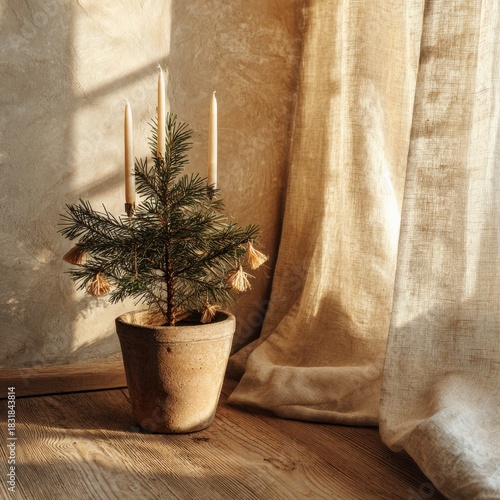 minimal christmas tree in clay pot with tall candles in warm sunlight by soft curtain creating serene holiday mood with wide copyspace for seasonal branding winter marketing