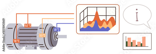 Electric motor displayed with temperature readings, performance graphs, and analytics icons. Ideal for engineering, industry, infrastructure, monitoring, optimization maintenance efficiency. Simple