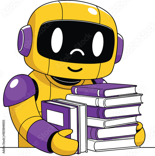 Cute yellow and purple robot mascot cheerfully carrying a large stack of books, flat vector illustration symbolizing education, artificial intelligence learning, research, and knowledge processing.