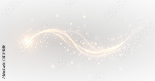 Magic gold swirl wave with glistering starry bokeh, bright shimmer spray, scattered confetti dots and luxury sparkling pattern forming a festive abstract decorative element in high-quality png.