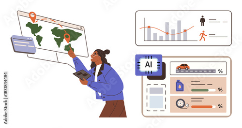 Person analyzing maps, charts, and data on digital tools, including AI and metrics dashboards. Ideal for business, analytics, AI, technology global trends research and innovation concepts. Simple