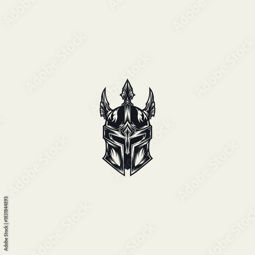 Detailed monochromatic illustration of a powerful ancient warrior helmet, symbolizing strength, protection, and historical bravery. Perfect for gaming, branding, or historical themes and designs