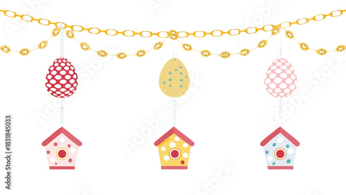 Whimsical easter decorations featuring hanging painted eggs and colorful birdhouses suspended from a festive golden chain garland against a white background