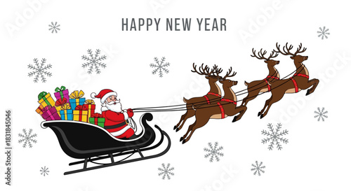 Santa Claus in Sleigh with Reindeer Happy New Year Greeting Card