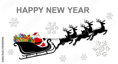 Happy New Year Santa Claus Sleigh with Reindeer and Gifts Holiday Celebration