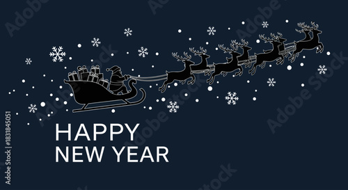 Happy New Year Santa Claus Silhouette Sleigh with Reindeer