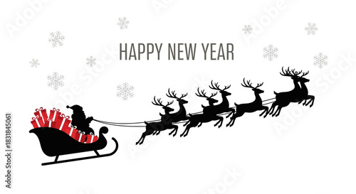 Santa Claus and Reindeer Sleigh Silhouette Delivering Gifts for New Year s Eve