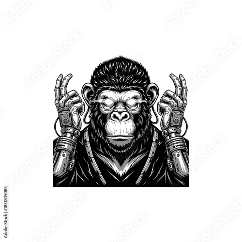 Spiritual primate robot concept, a wise chimp with mechanical limbs and glowing glasses in deep meditation, black and white illustration