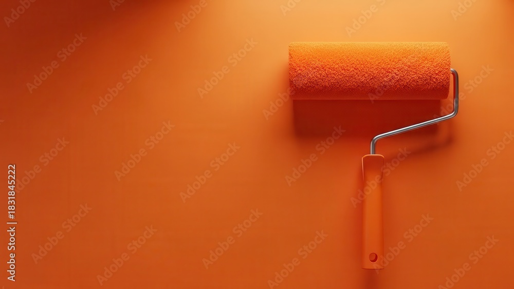 Obraz premium Orange paint roller resting on a freshly painted orange wall