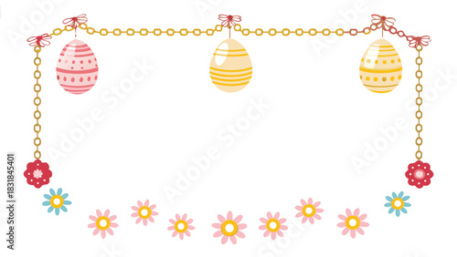 Whimsical easter egg garland with decorative flowers and chain border creating a festive frame for spring celebrations and holiday designs