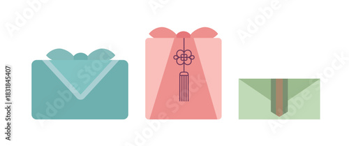 A traditional Korean bojagi (traditional wrapping cloth) gift wrapping set featuring ribbons and norigae (traditional Korean knots). Ideal as a Seollal (Lunar New Year) or Chuseok banner.