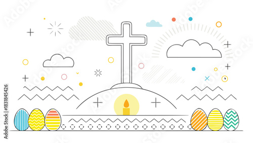 A minimalist line art illustration of a christian cross on a hill with a lit candle below and colorful easter eggs in the foreground set against a white background with abstract shapes and clouds