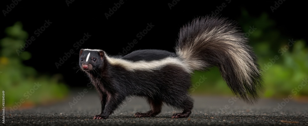 Obraz premium Skunk stands alert with raised tail ready to defend itself.