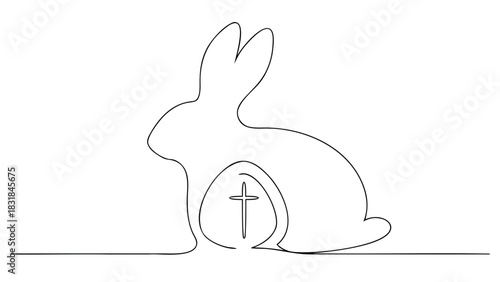 Minimalist single line drawing of a rabbit silhouette with an easter egg containing a cross inside symbolizing the resurrection and easter holiday