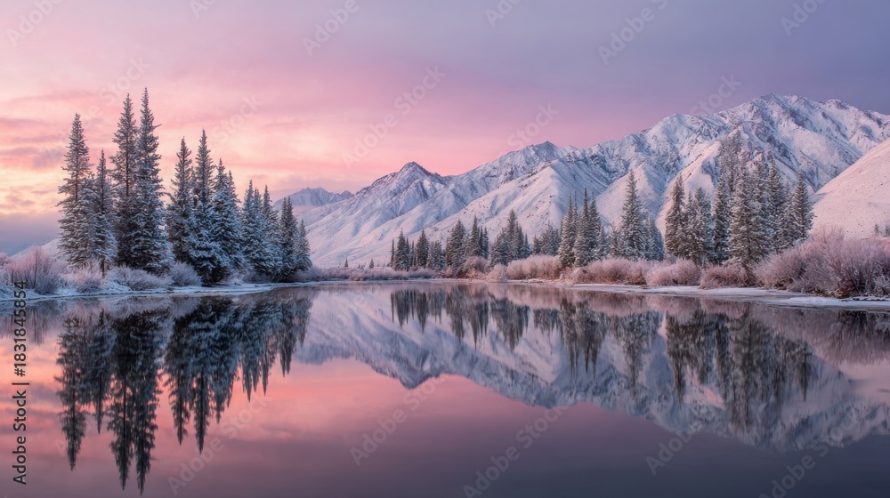 Fototapeta premium Serene Winter Landscape with Snow-Covered Mountains, Tranquil River, and Reflected Pine Trees Under a Colorful Sunrise Sky