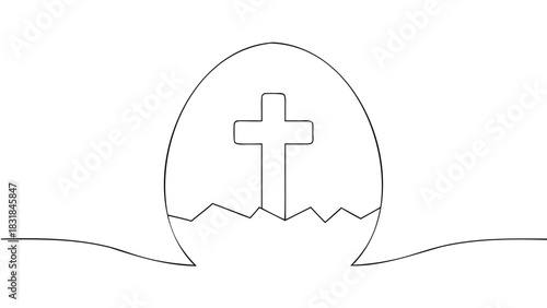 A simple line drawing of a christian cross emerging from a cracked easter egg symbolizing the resurrection of jesus christ on easter sunday