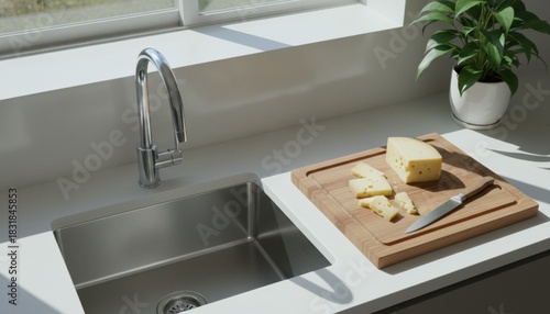 Modern stainless steel undermount kitchen sink set in a white countertop next to a cutting board with cheese, illuminated by soft sunlight from a window