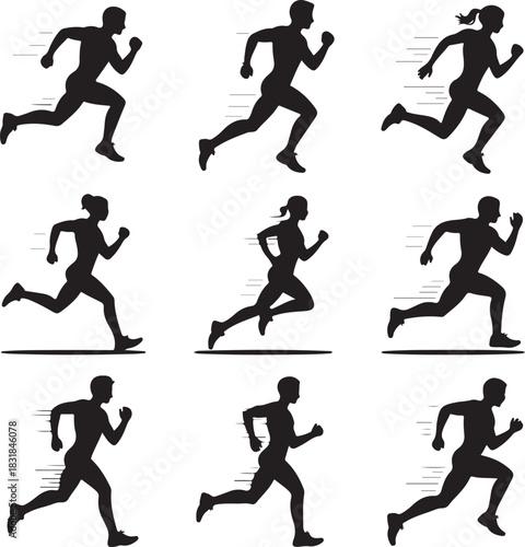 Silhouettes of people running exercising or competing in athletic race