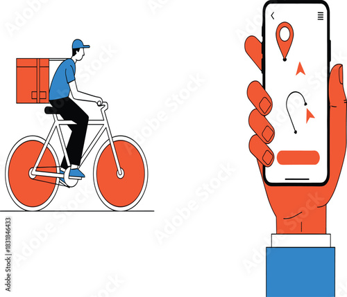 Flat vector illustration of a bicycle courier delivering a package and a hand tracking the route on a smartphone app, symbolizing fast delivery, eco-friendly logistics, and mobile tracking service.