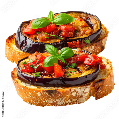 Sicilian appetizer of caponata on toast professionally isolated on a pure white background for advertising