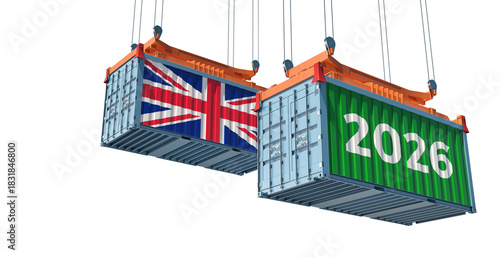 Trading 2026. Freight container with United Kingdom national flag. 3D Rendering 