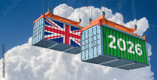 Trading 2026. Freight container with United Kingdom national flag. 3D Rendering 