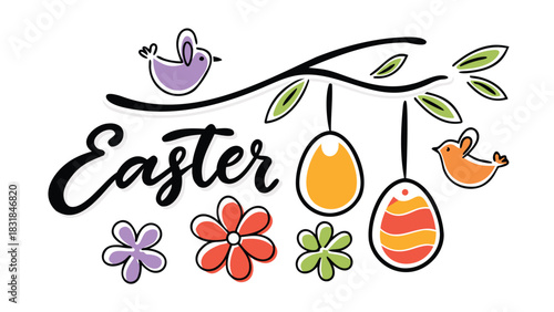 Whimsical easter illustration featuring the word easter in elegant calligraphy adorned with hanging decorated eggs cheerful birds and colorful flowers on a white background
