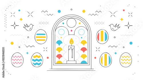 A minimalist easter celebration with a lit candle in a stained glass window surrounded by decorative easter eggs and playful abstract shapes and birds